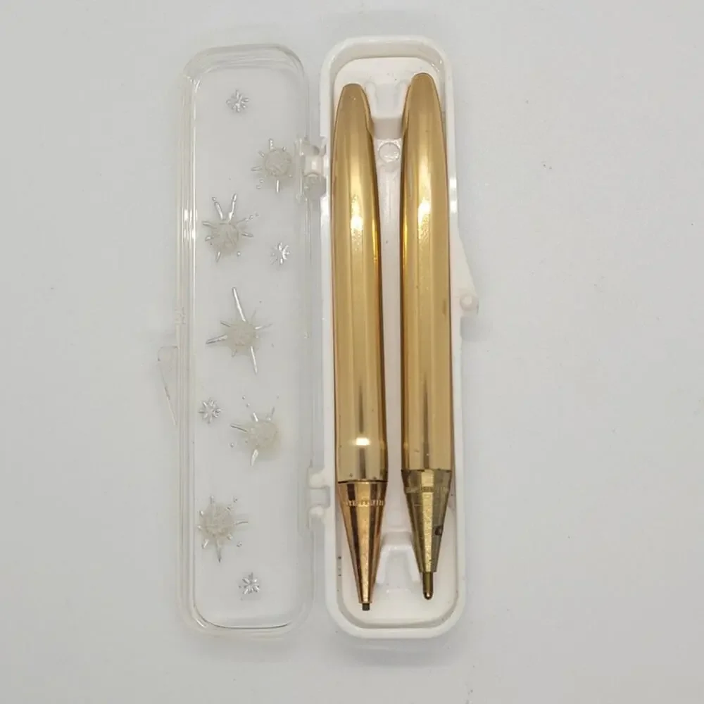 Mid Century Atomic Pen Set‎ Gold Star Rhinestone Clear Case Statement Piece